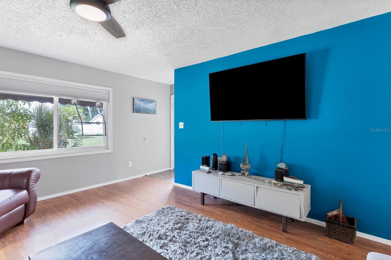 First living area.  Front door around blue wall.