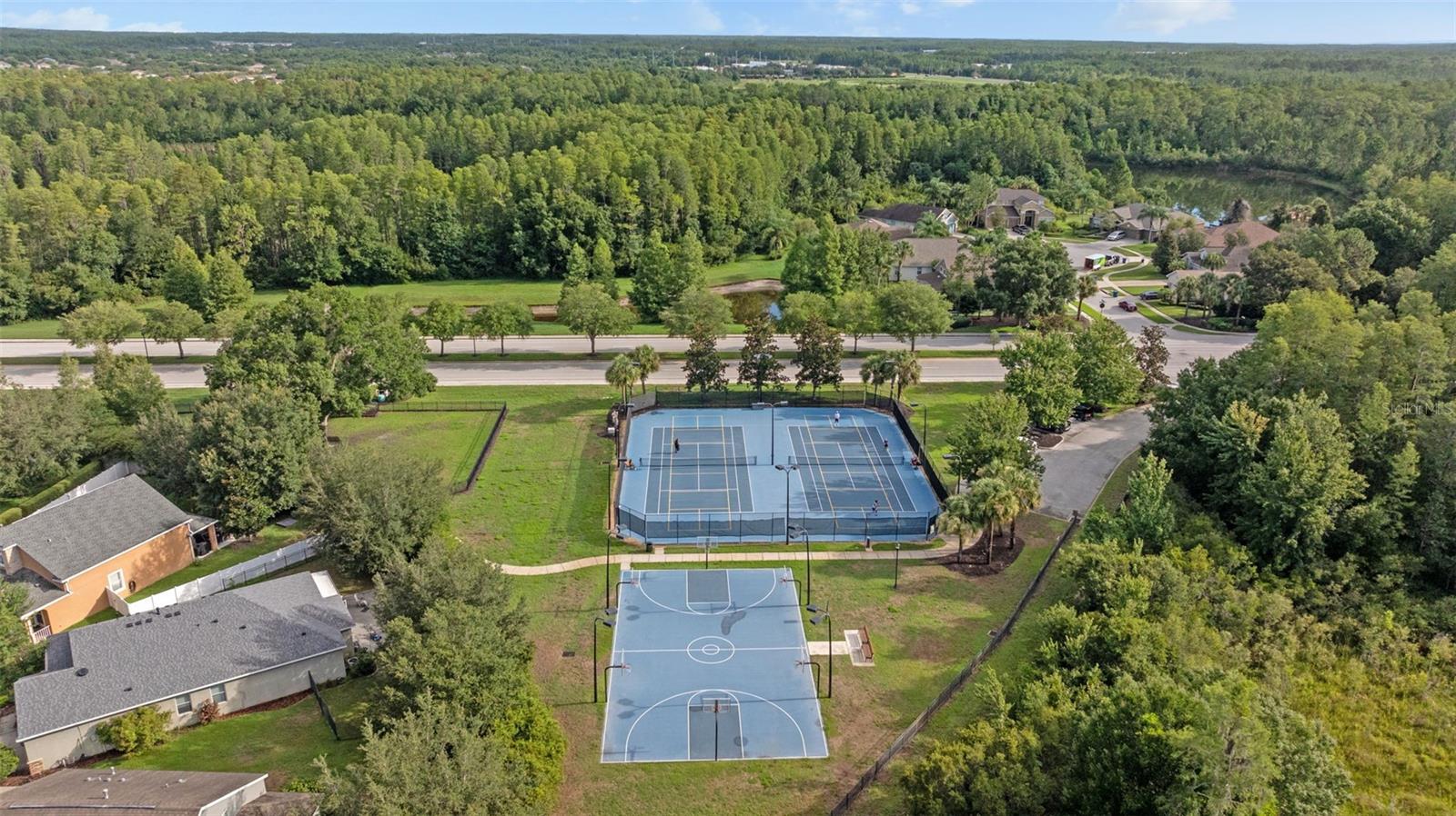 Private tennis courts, pickleball courts, and basketball courts