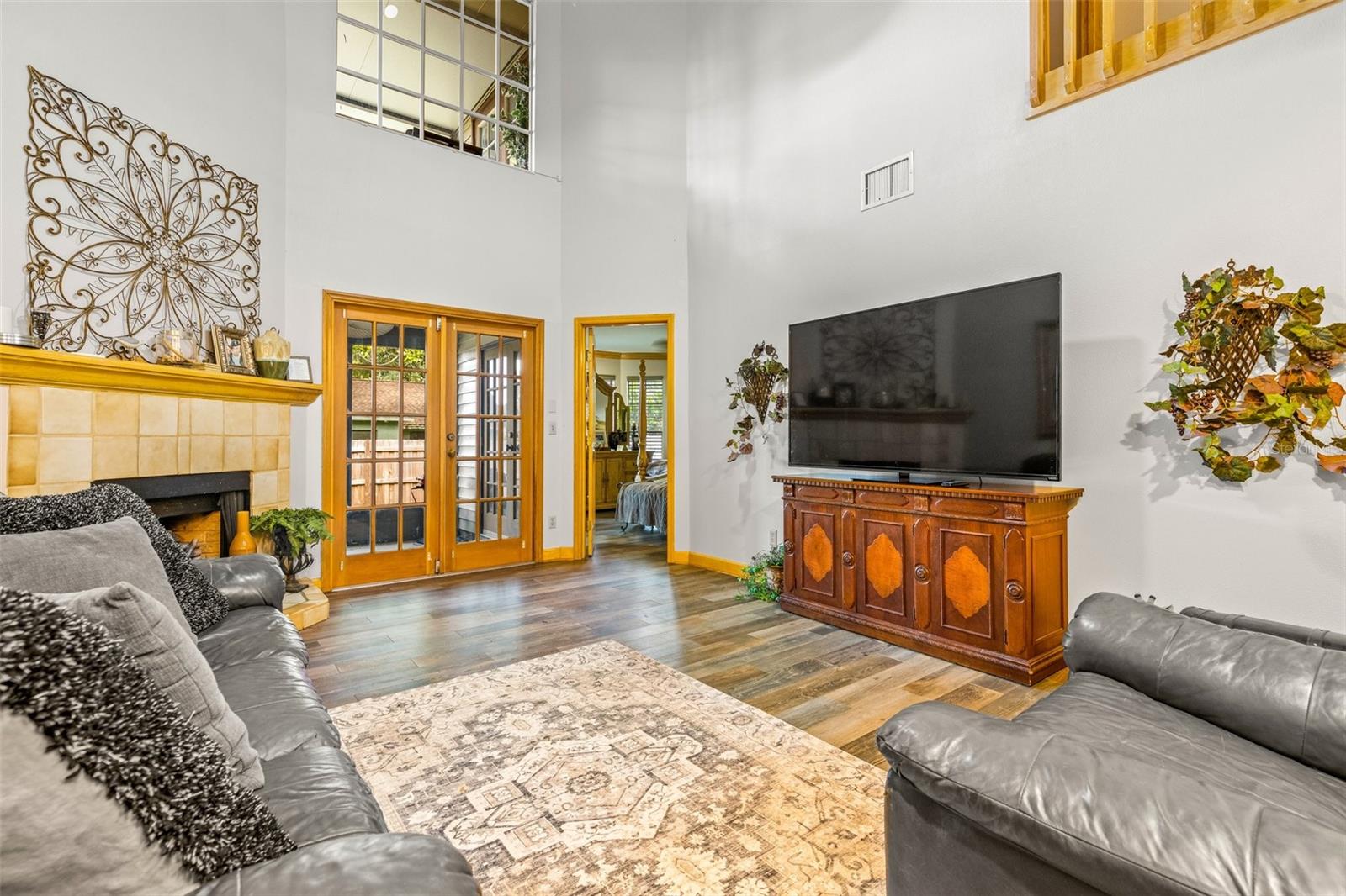 Downstairs great room with fireplace