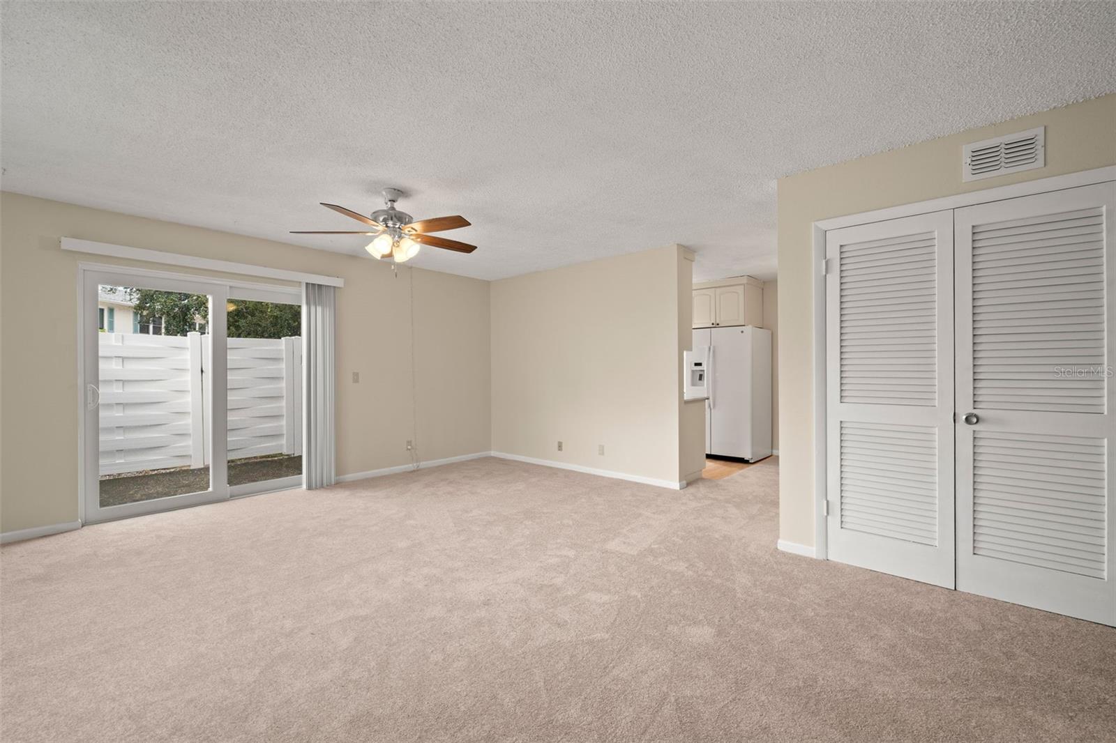 Living room with new sliding doors, closet space