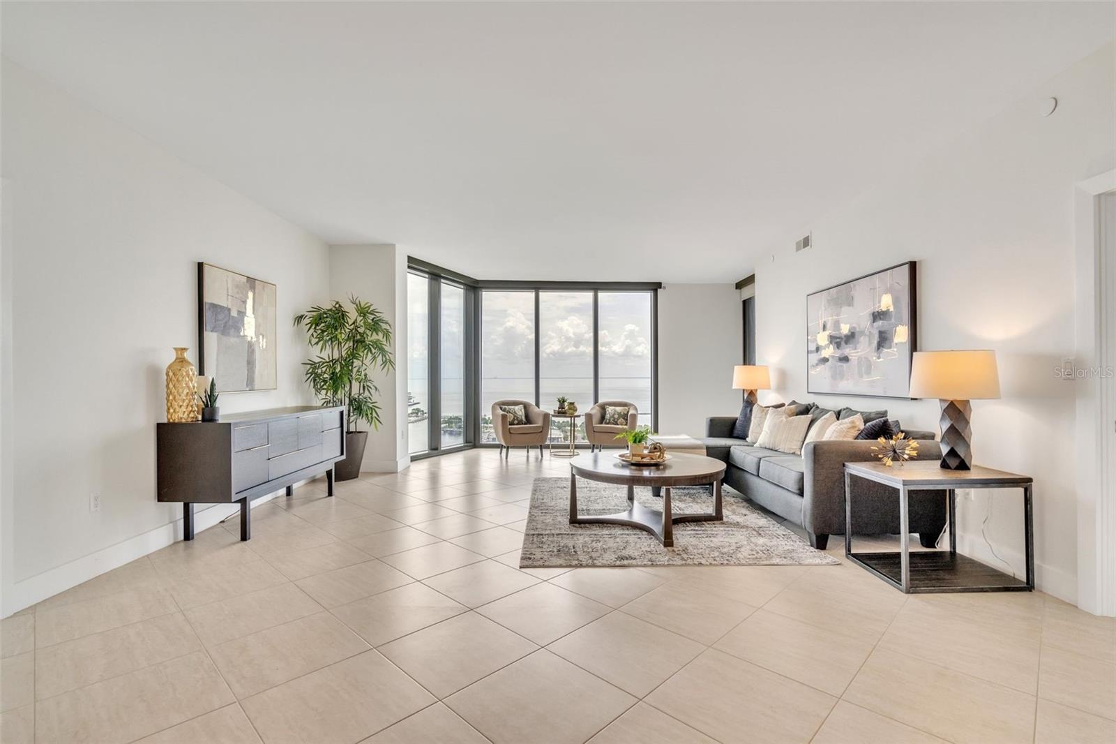 Living room overlooking Tampa Bay and the Pier