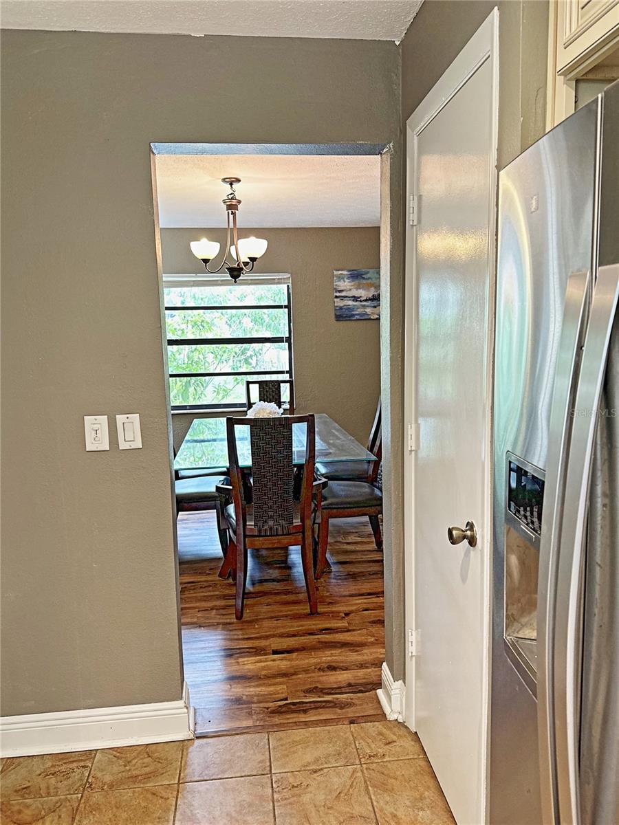 There is a pantry in the kitchen and the dining room adjoins the kitchen.