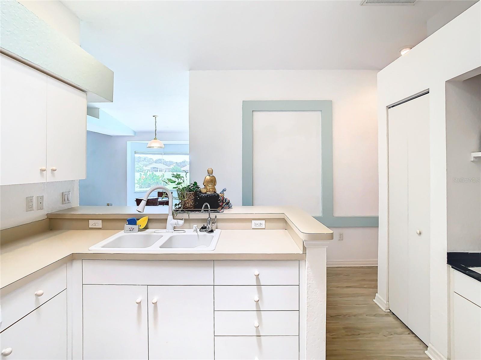 Kitchen also has a double sink with disposal and water purifier. To the right is a closet pantry and a small work space for the chef of the house.