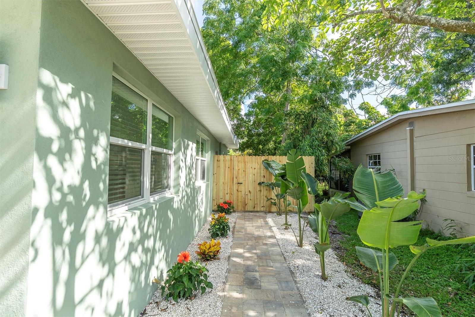 Side yard with new pavers