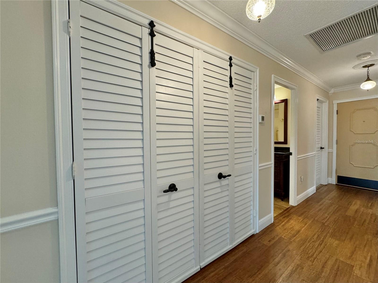 Hall closet with Rheem HVAC and storage.