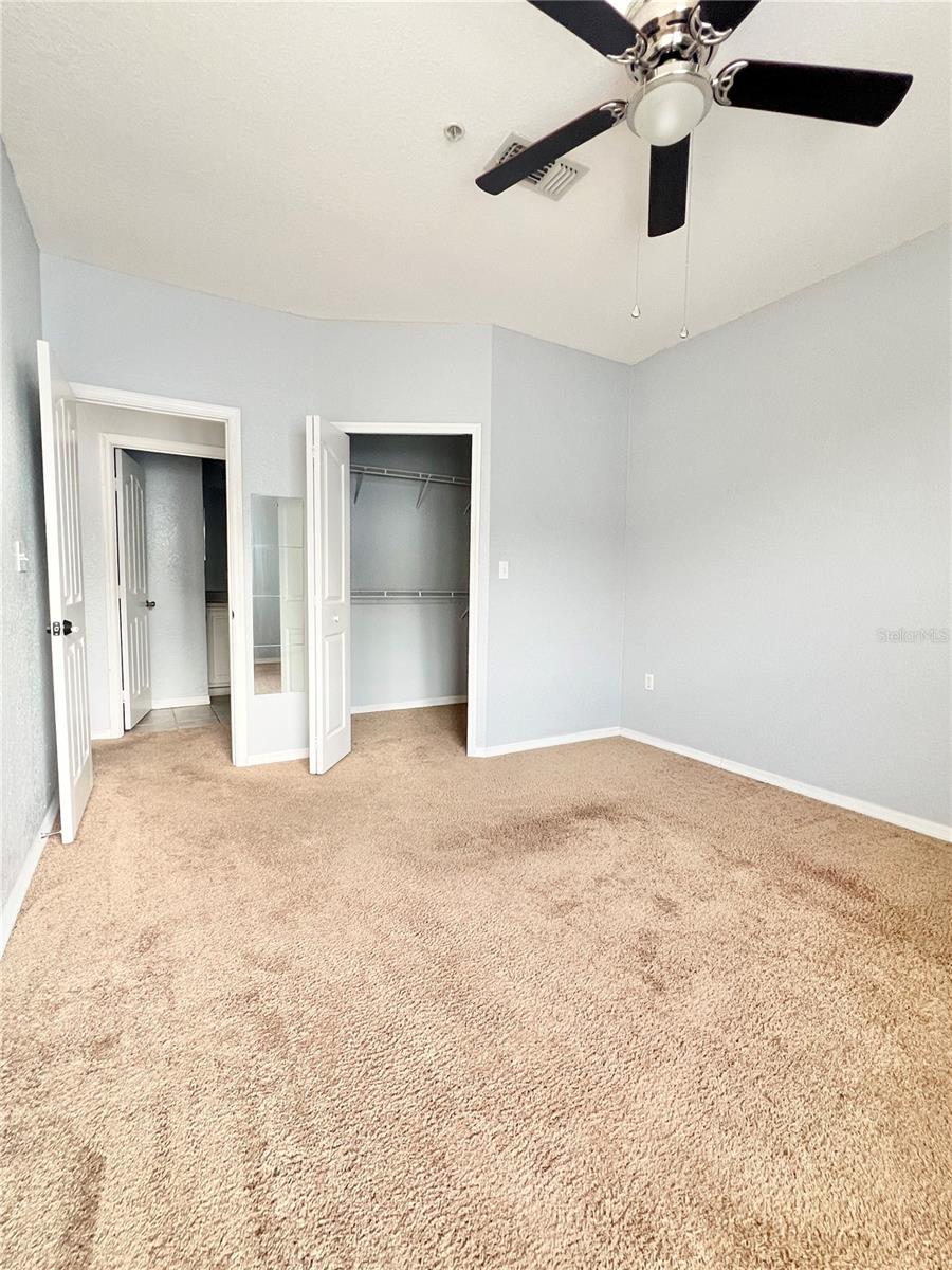 Bedroom view of the door and closet door.