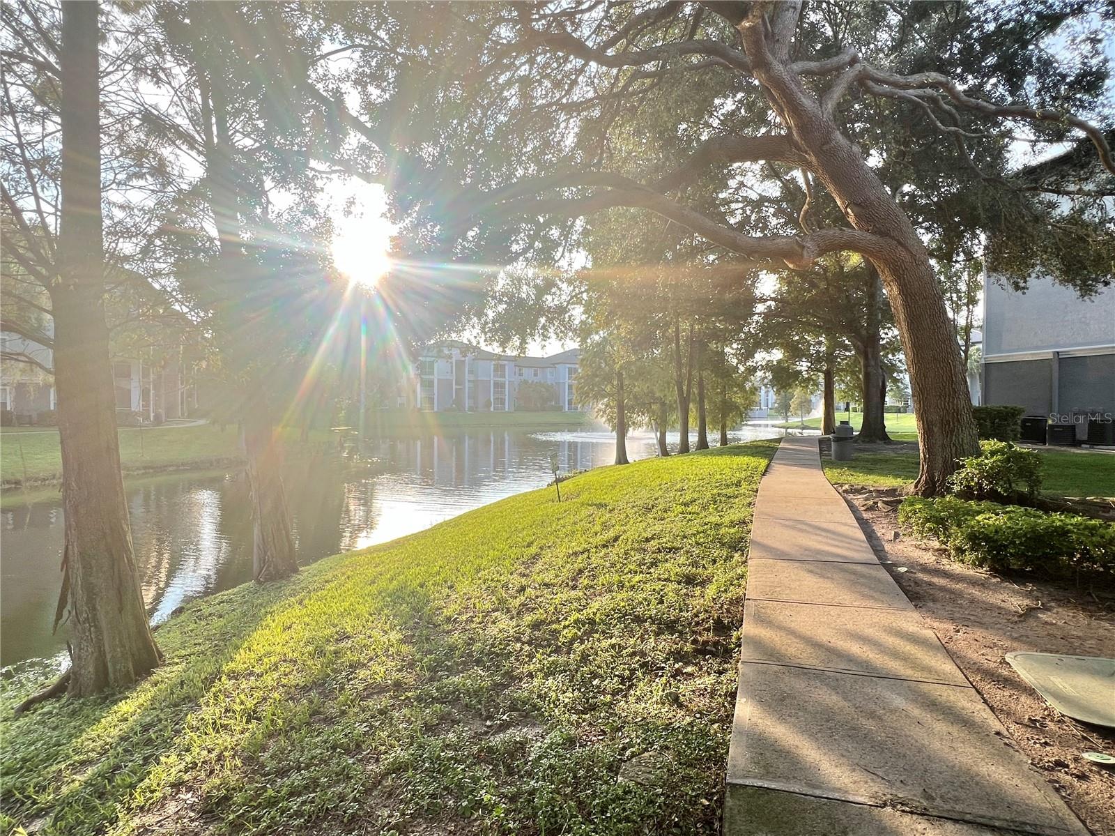 There is a walking path around the lake next to this building.