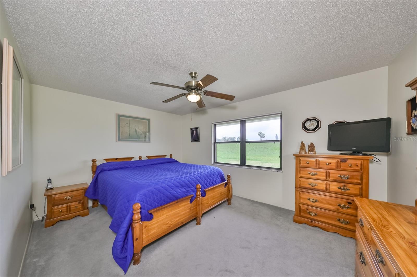 Huge master bedroom is bright and happy.