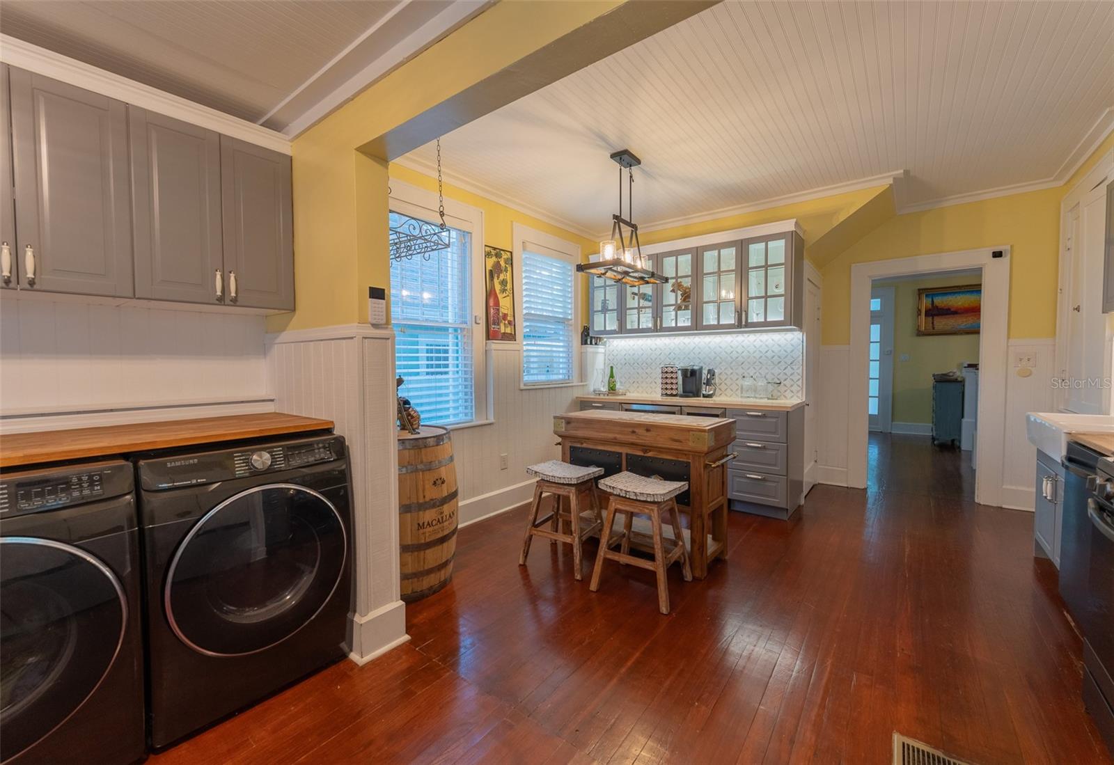 Laundry area in back. Built in dry bar.