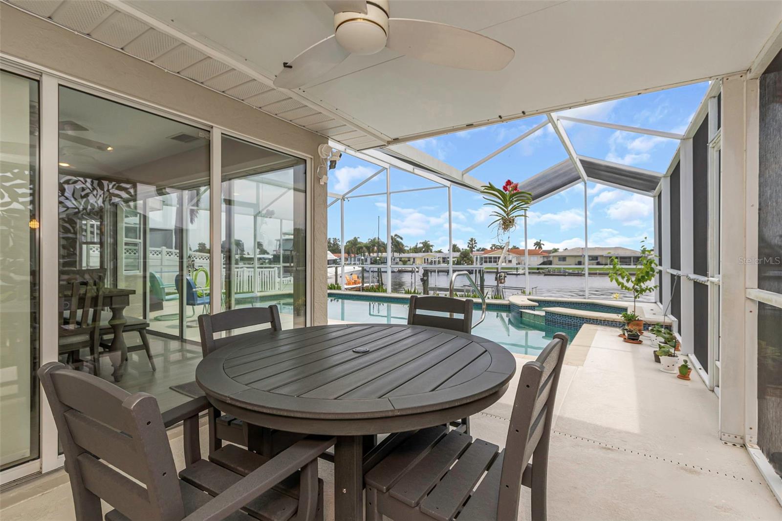 Covered screen enclosed pool patio.