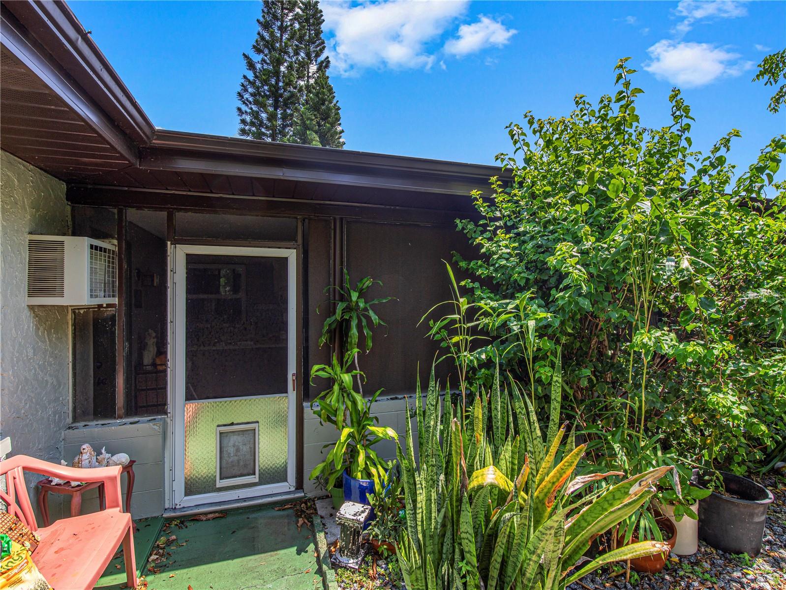 Outdoor kitchen is screened & oversized  with doggy door