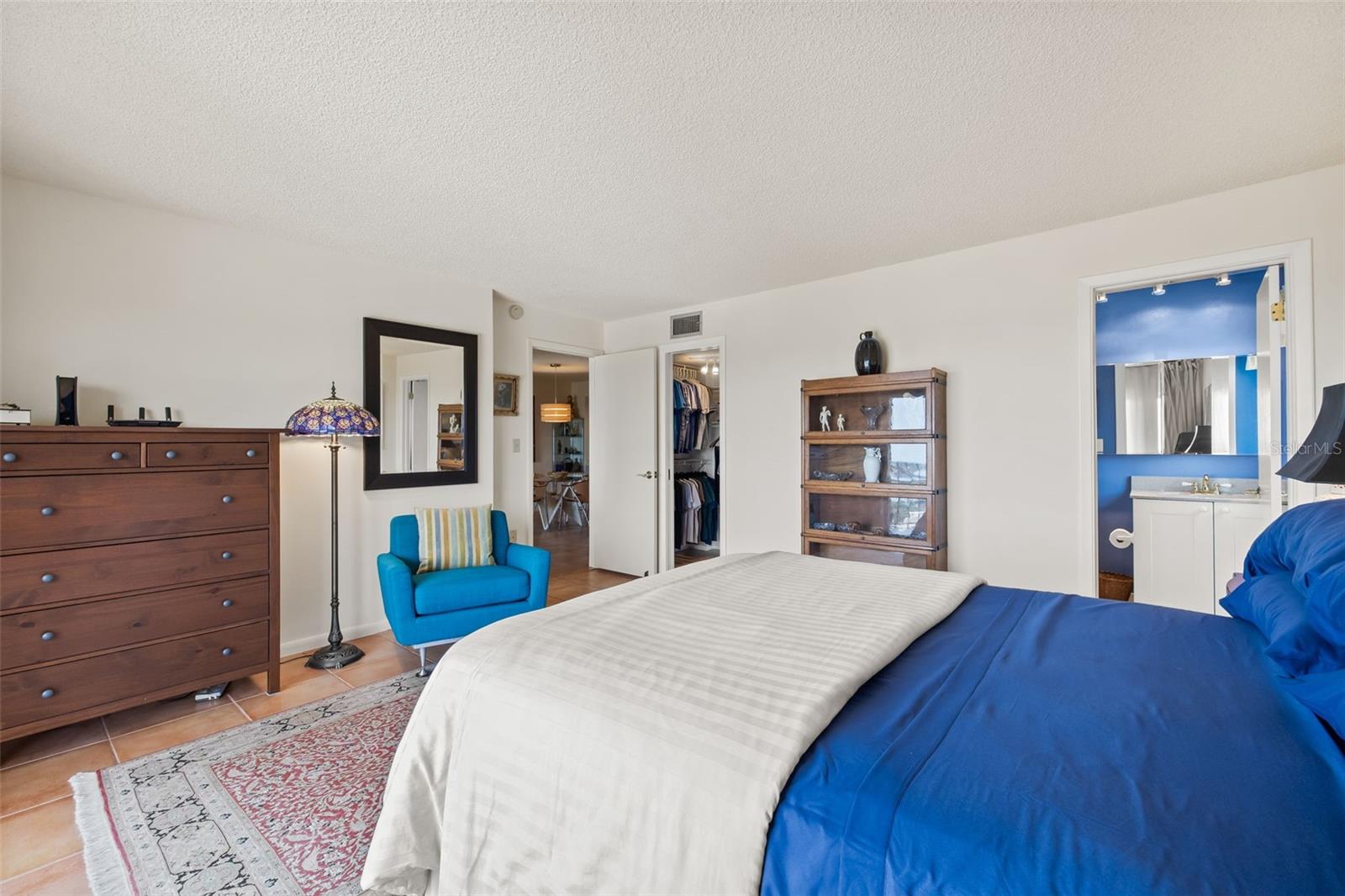 The primary bedroom has an en-suite bath (to the right) and walk in closet (to the left).