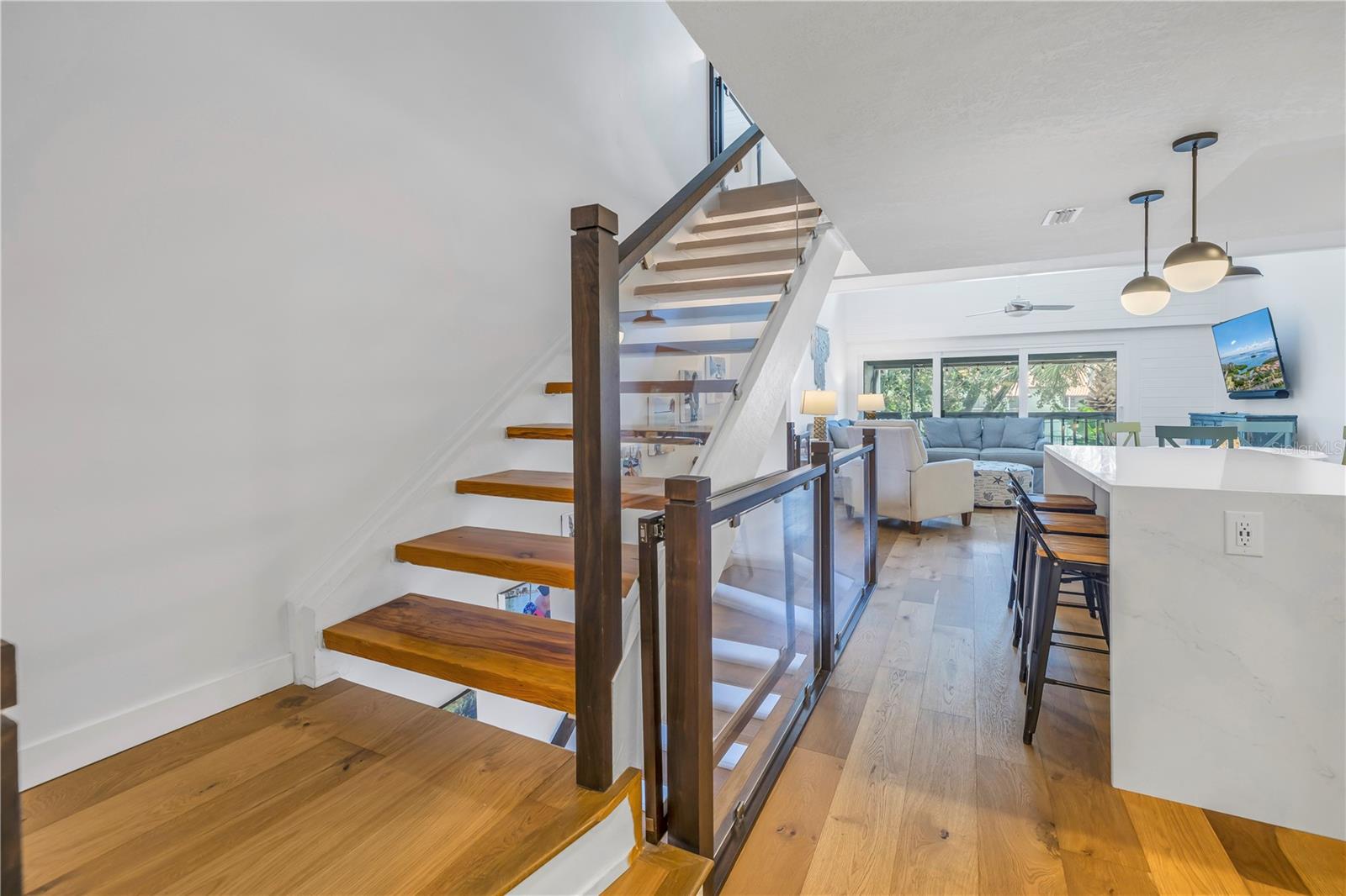 Wood staircase, custom railing