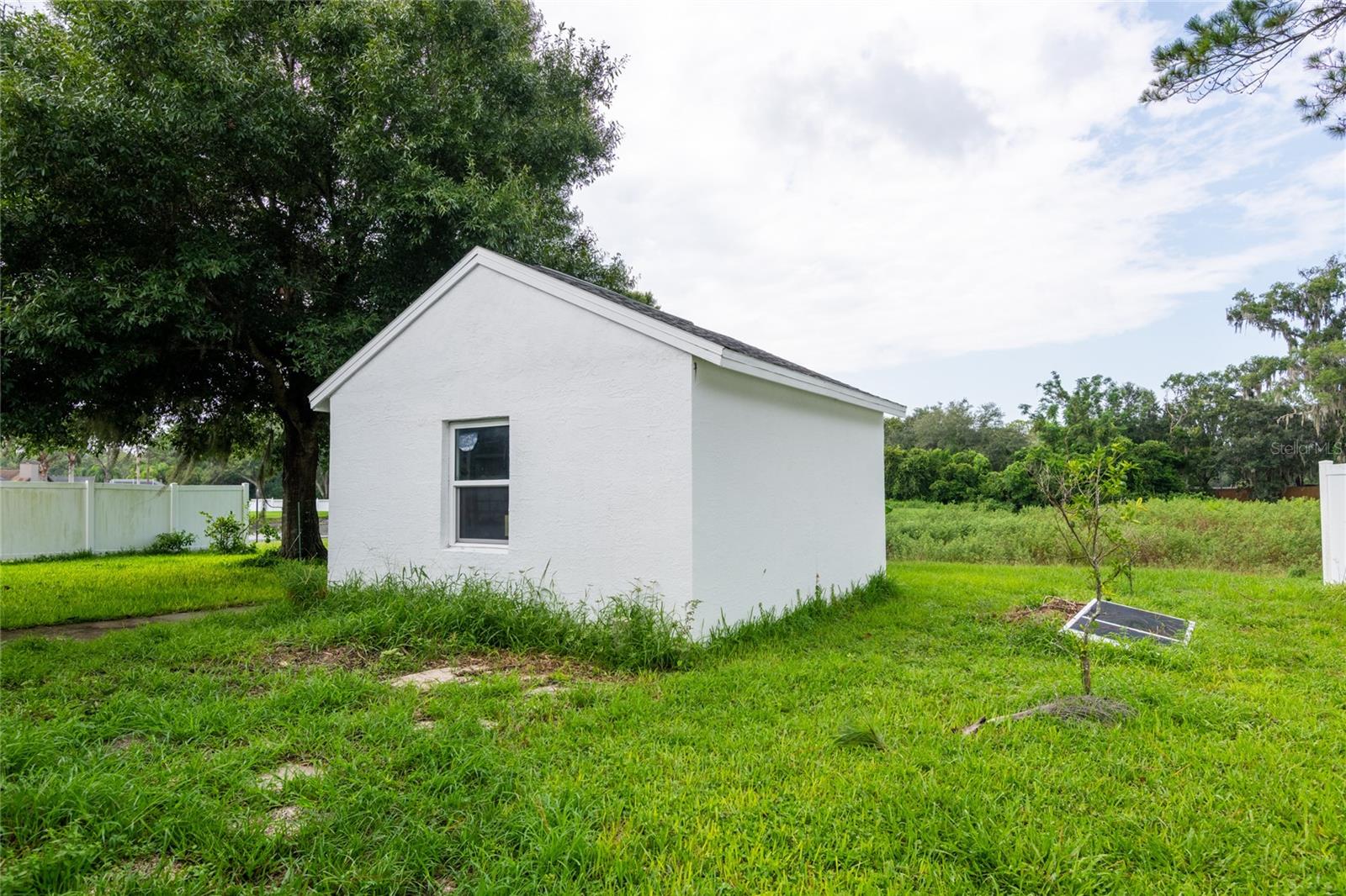 Stand alone storage building with garage door access in back yard