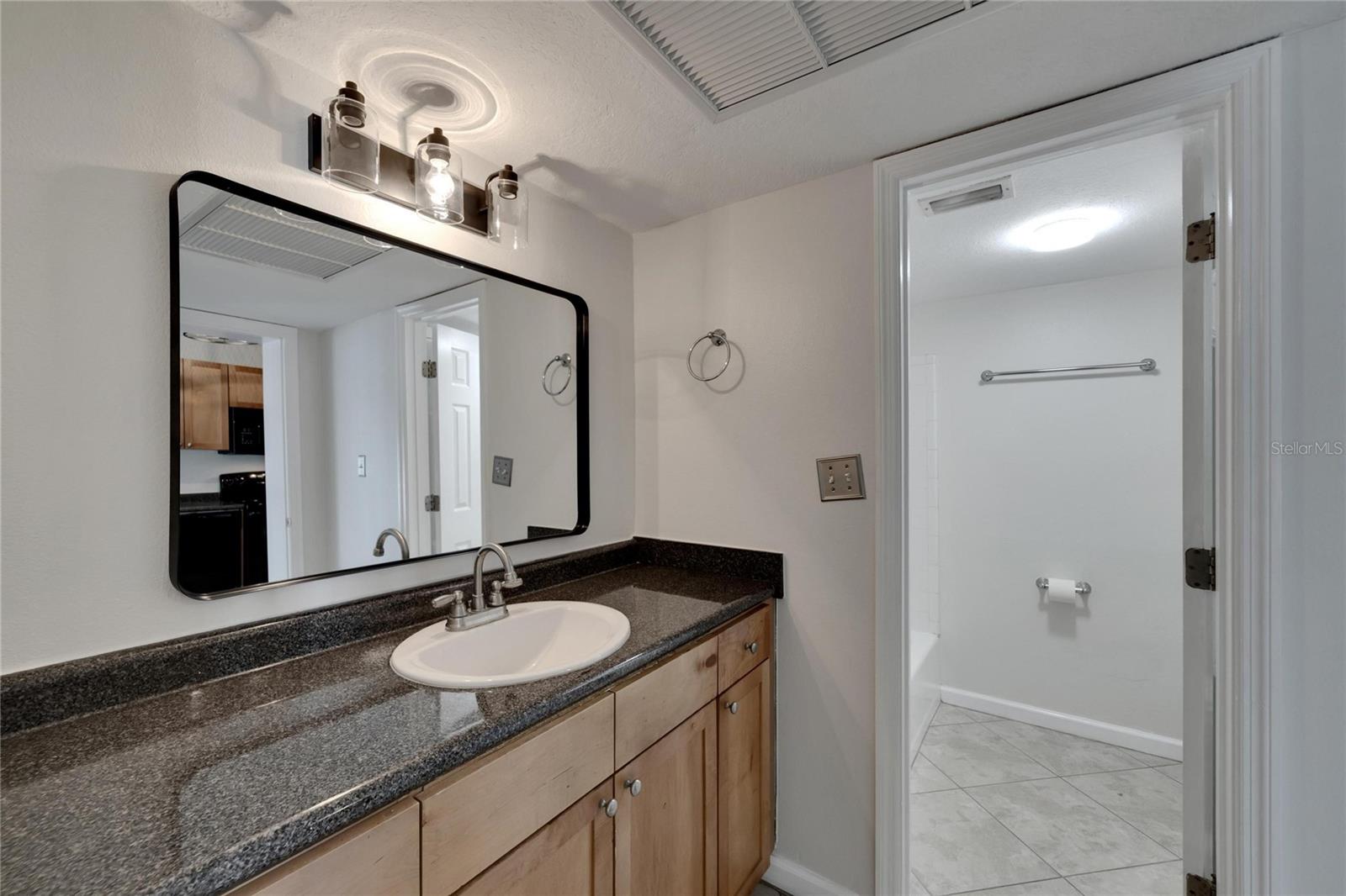 The updated bathroom with seperate sink and vanity