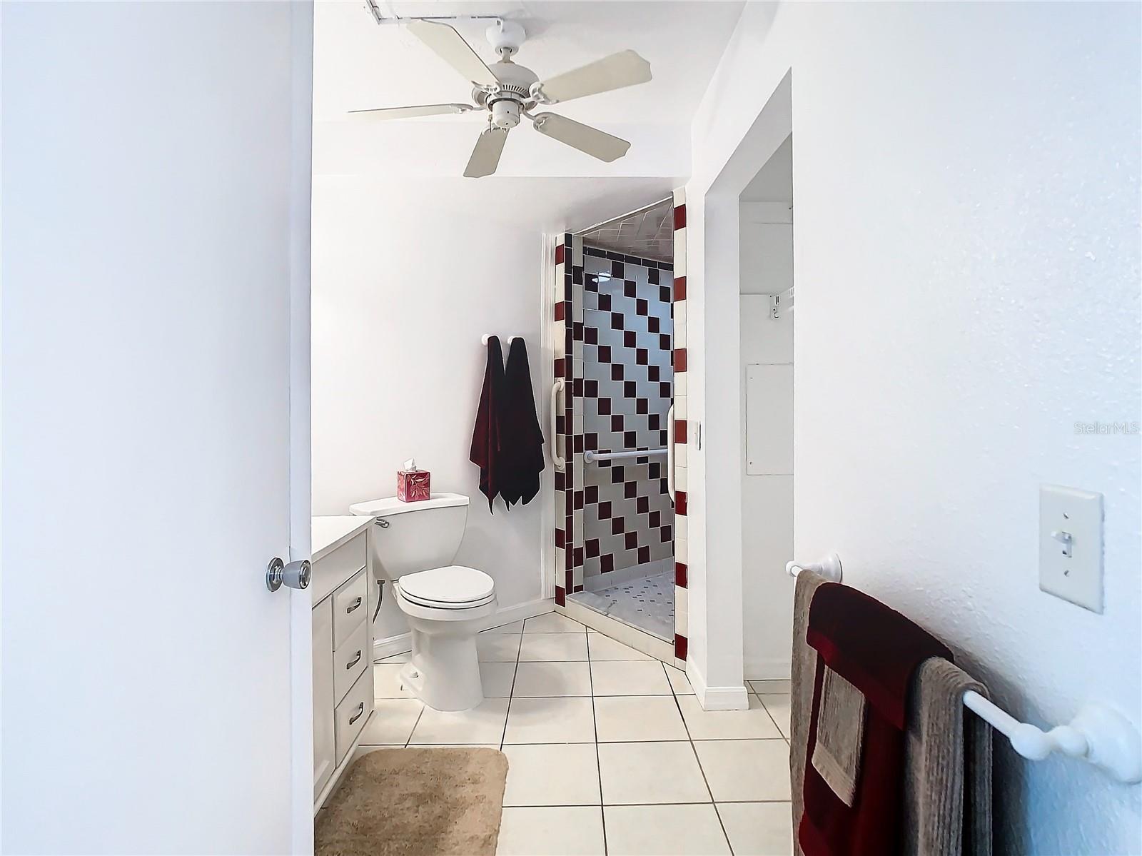 Lavatory with large closet and retro shower. Behind you is the kitchenette. The door to your left houses the water heater.