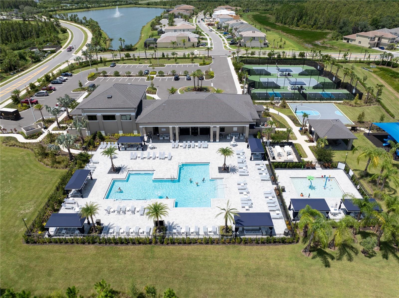 Closer View of the Clubhouse, pool, playground, tennis and pickleball courts