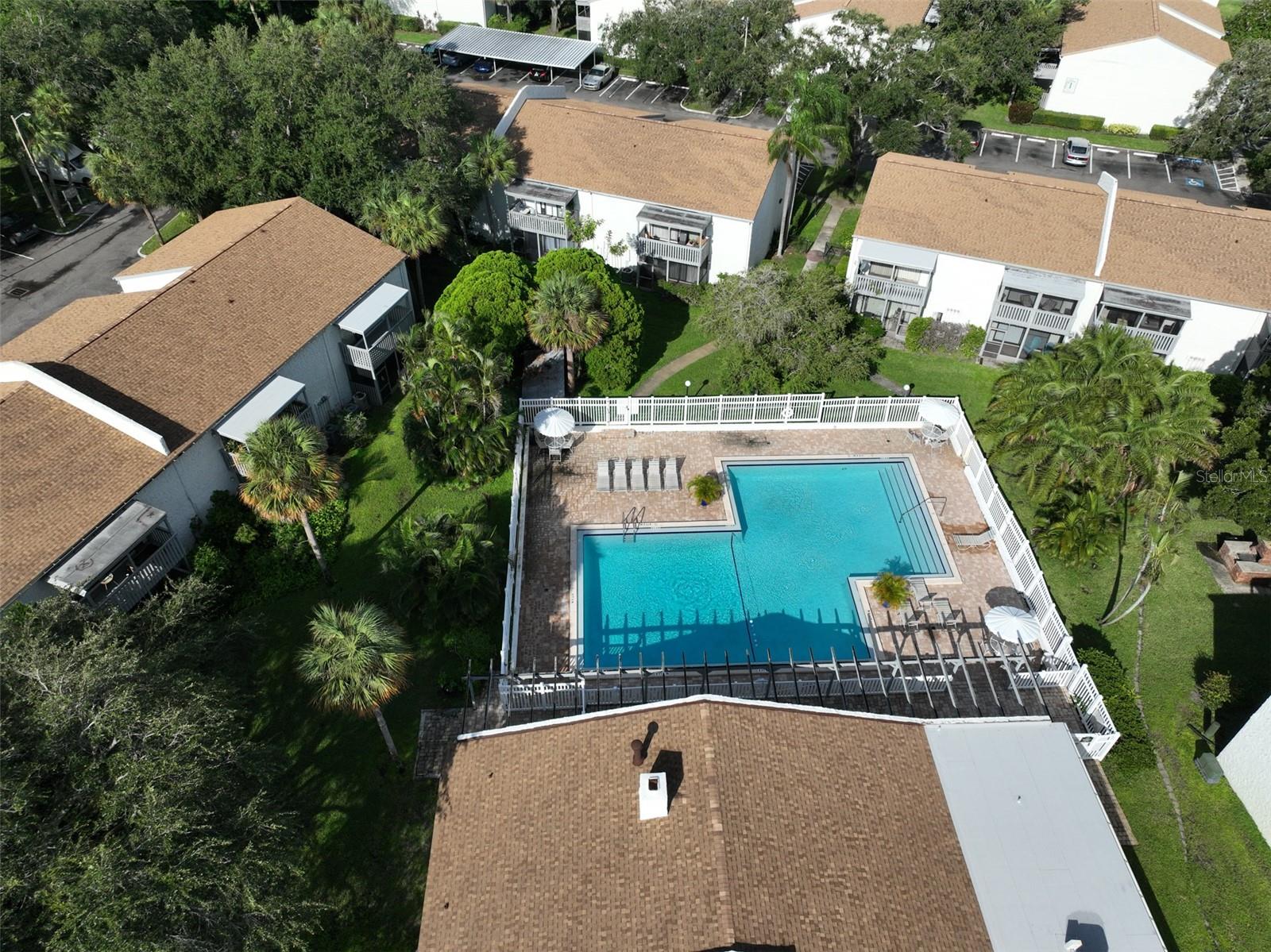 Aerial view of the clubhouse and pool.