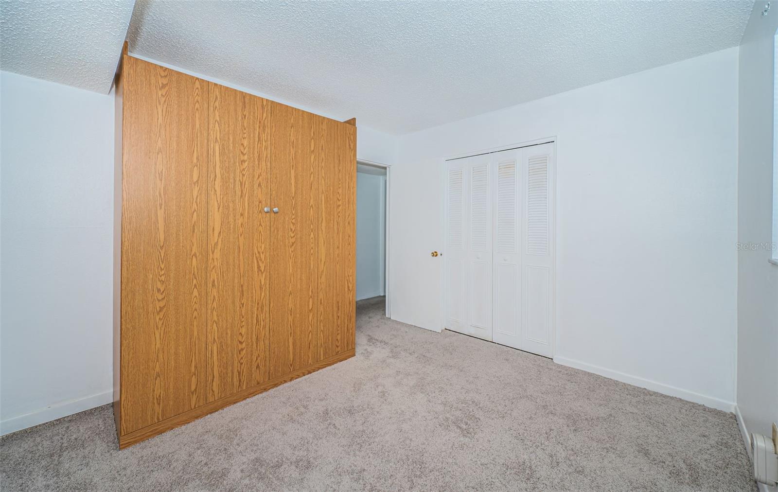 This bedroom includes a Murphy bed that folds up to maximize floor space, offering a smart solution for compact living or occasional guests.