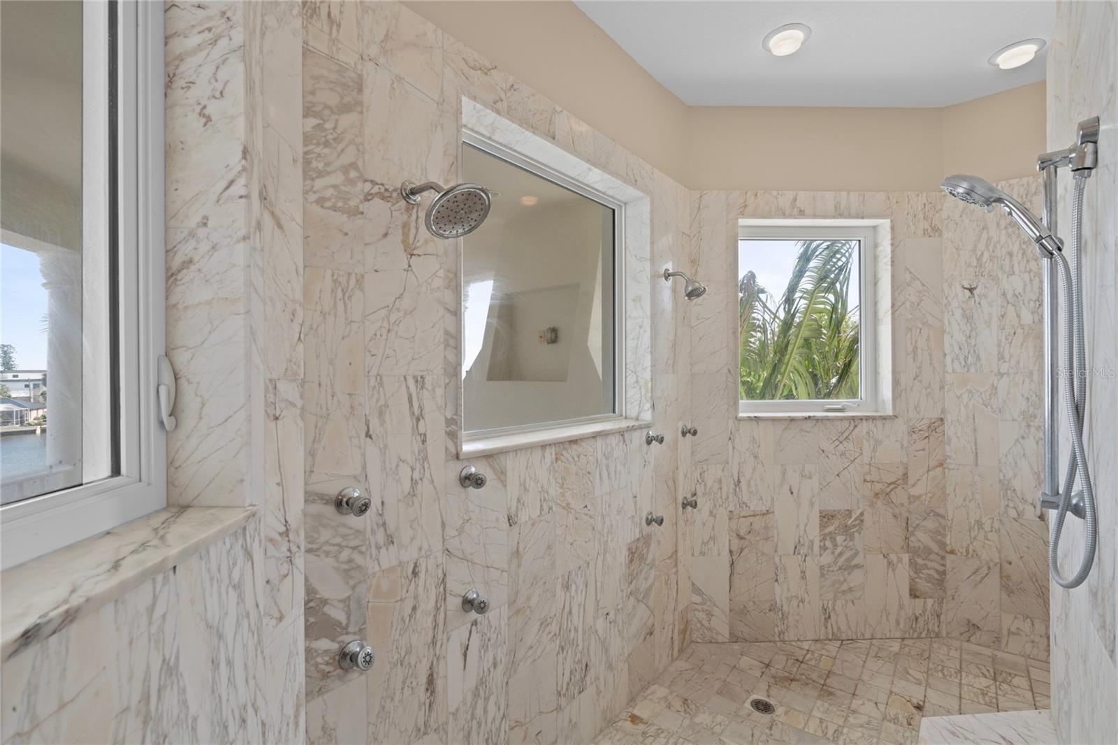 Primary Bath - Huge walk in/walk thru shower with multiple shower head options