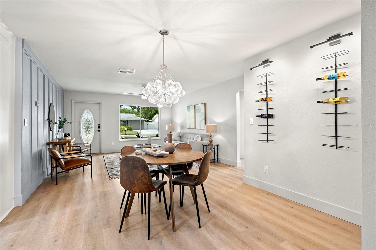 Dining area with wine wall display