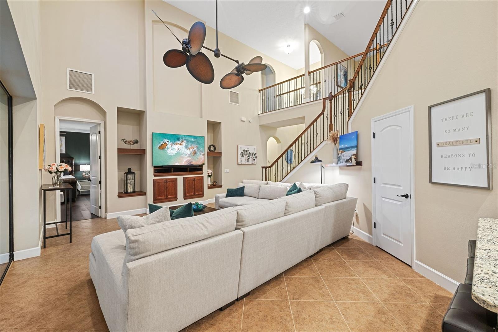 Family room with soaring ceilings