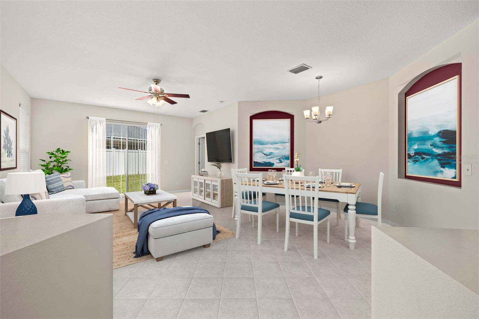 Virtually staged dining room and family room