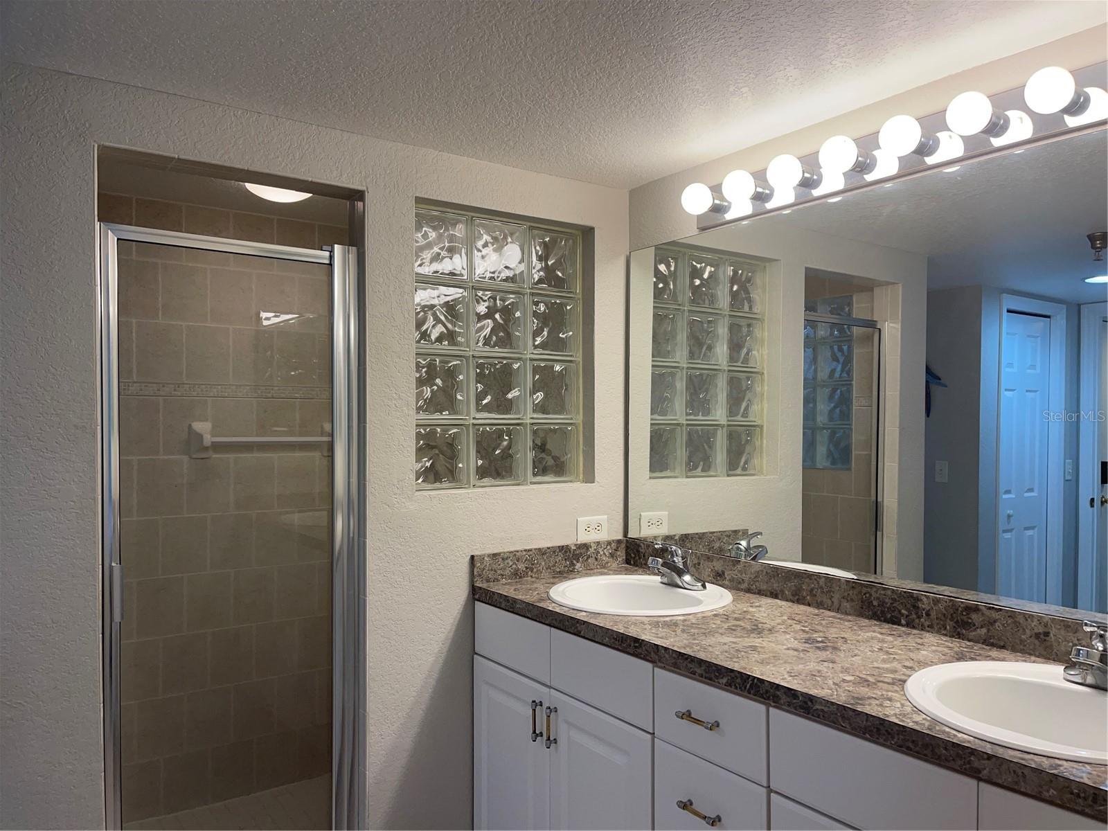 Shower in the primary bathroom has glass block enabling more light into the shower.