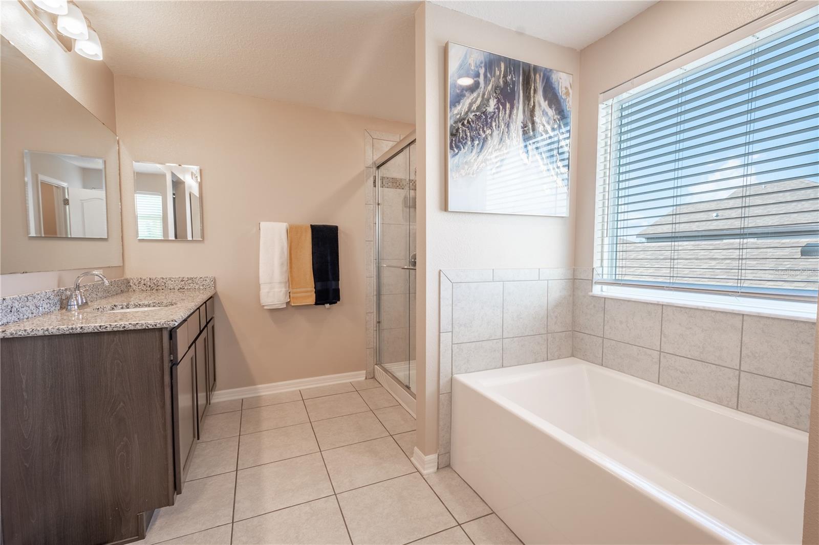 The primary ensuite features 2 mirrored wood vanities with storage, granite counters and downlight fixtures.