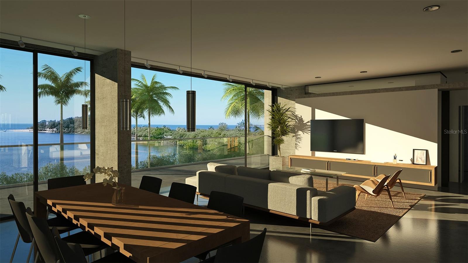 First Floor Living Room View North West toward Sunset Beach - rendering shows actual view from this angle and elevation