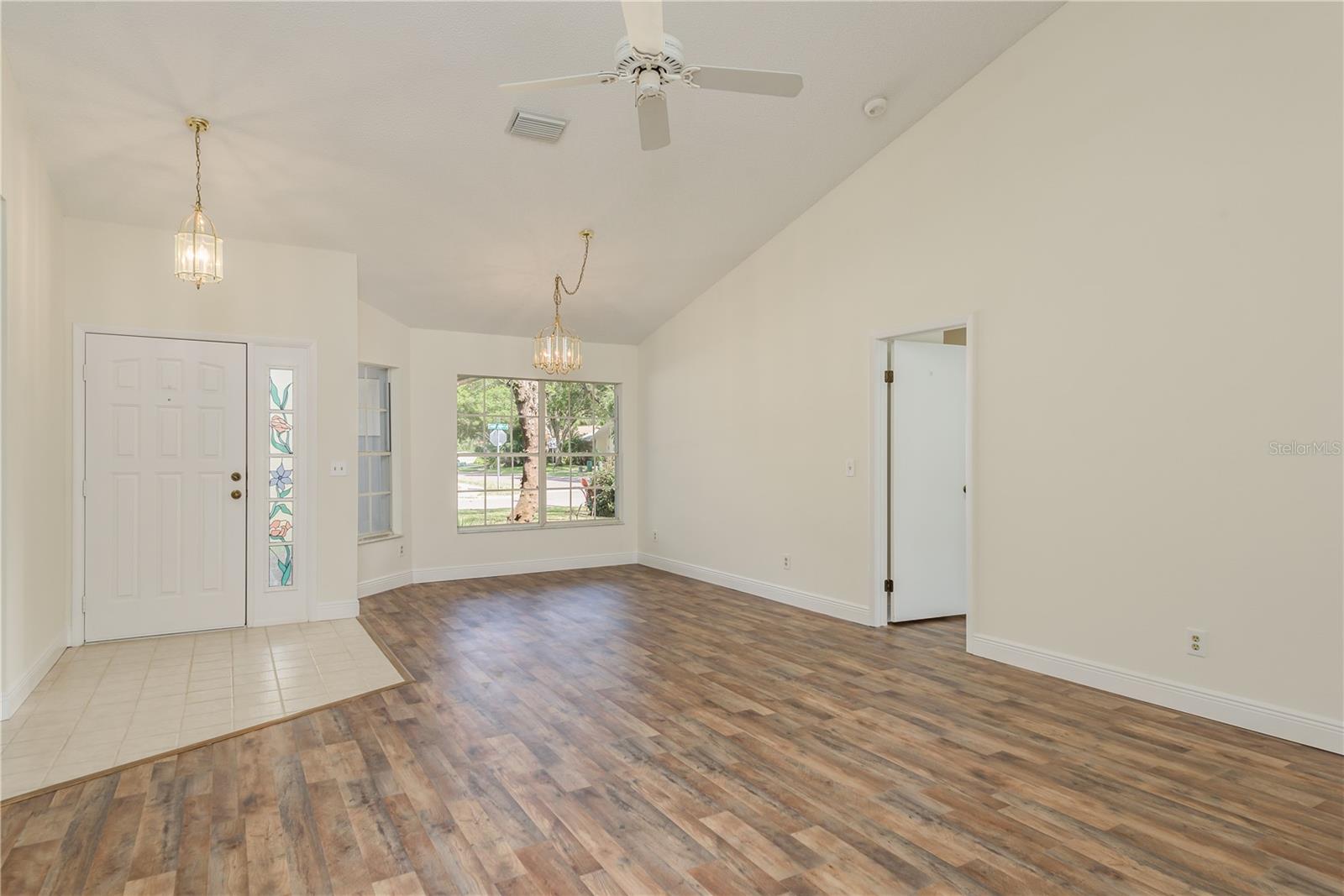 View of Great room including door to primary bedroom