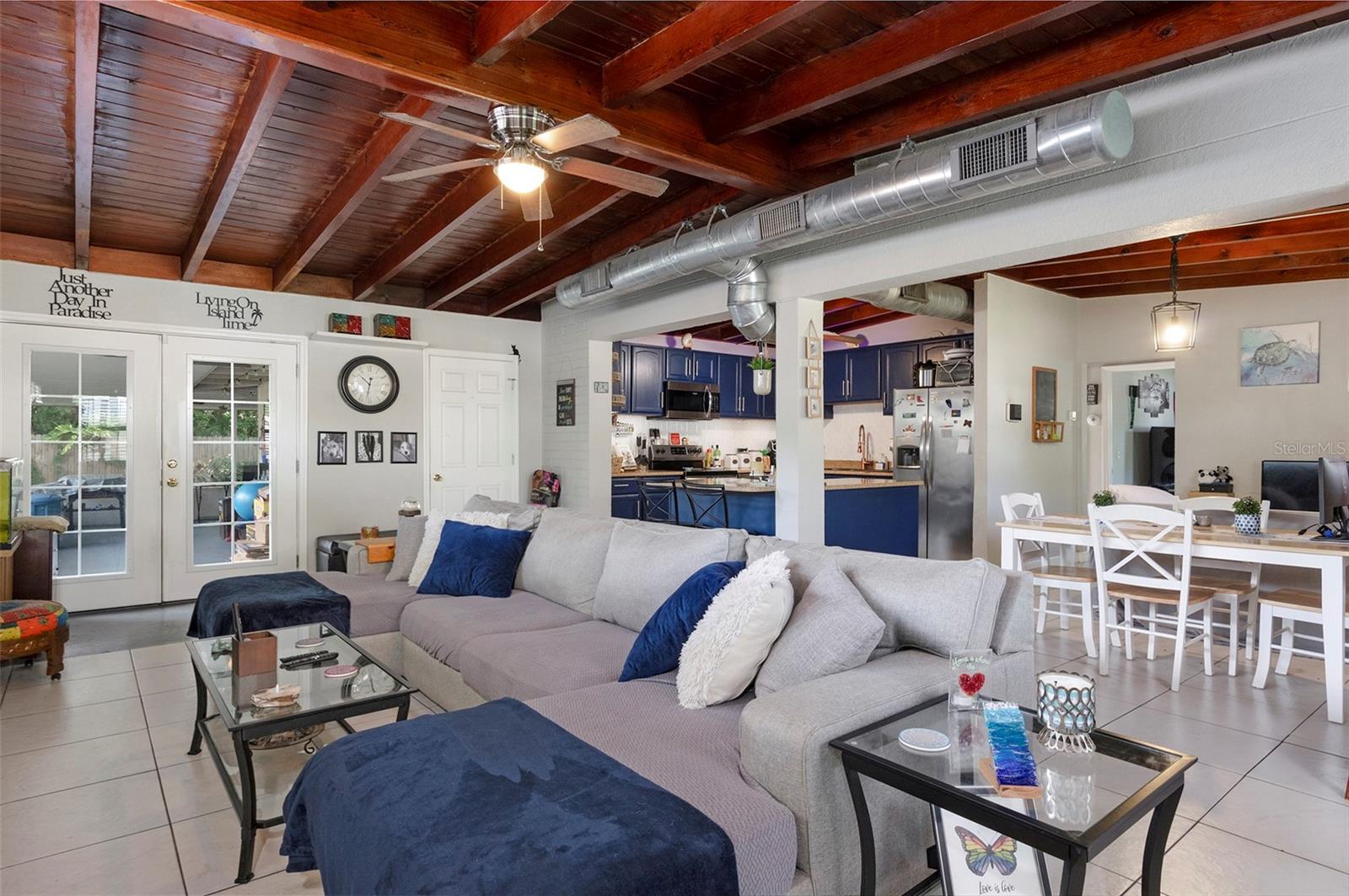 Large Living Room with Wood Beam Ceilings