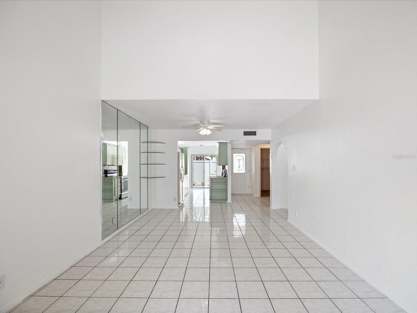 Vaulted ceilings in oversized living room