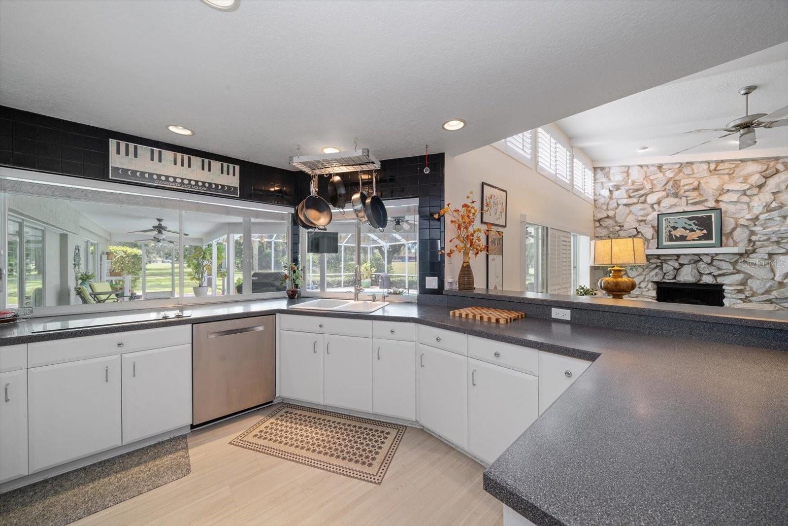 Kitchen overlooking the family room and back patio