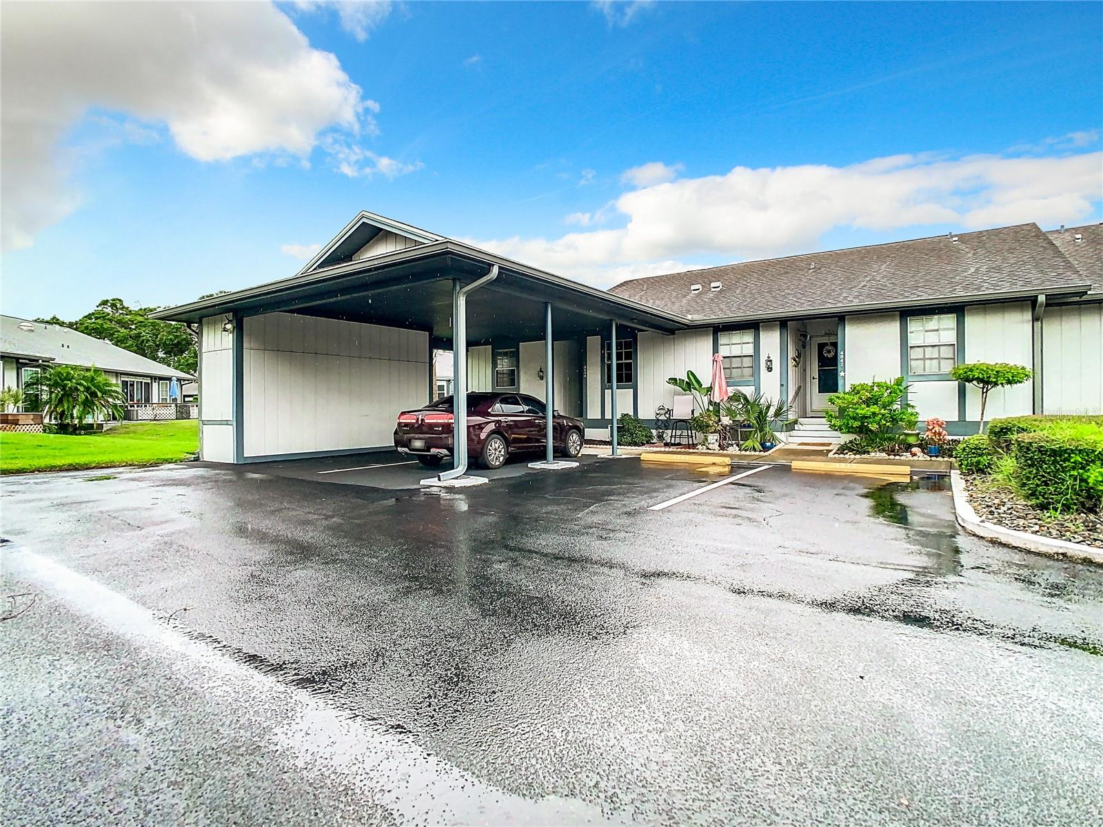 Locked storage on other side of carport;  One covered and one uncovered parking spot outside your door