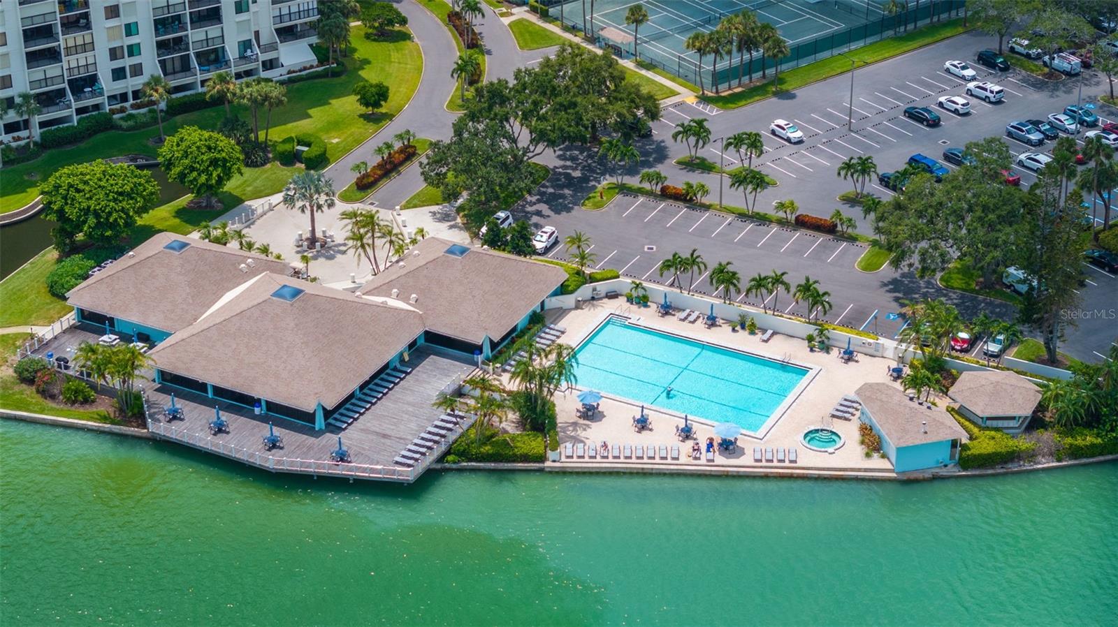 Pool overlooks the water