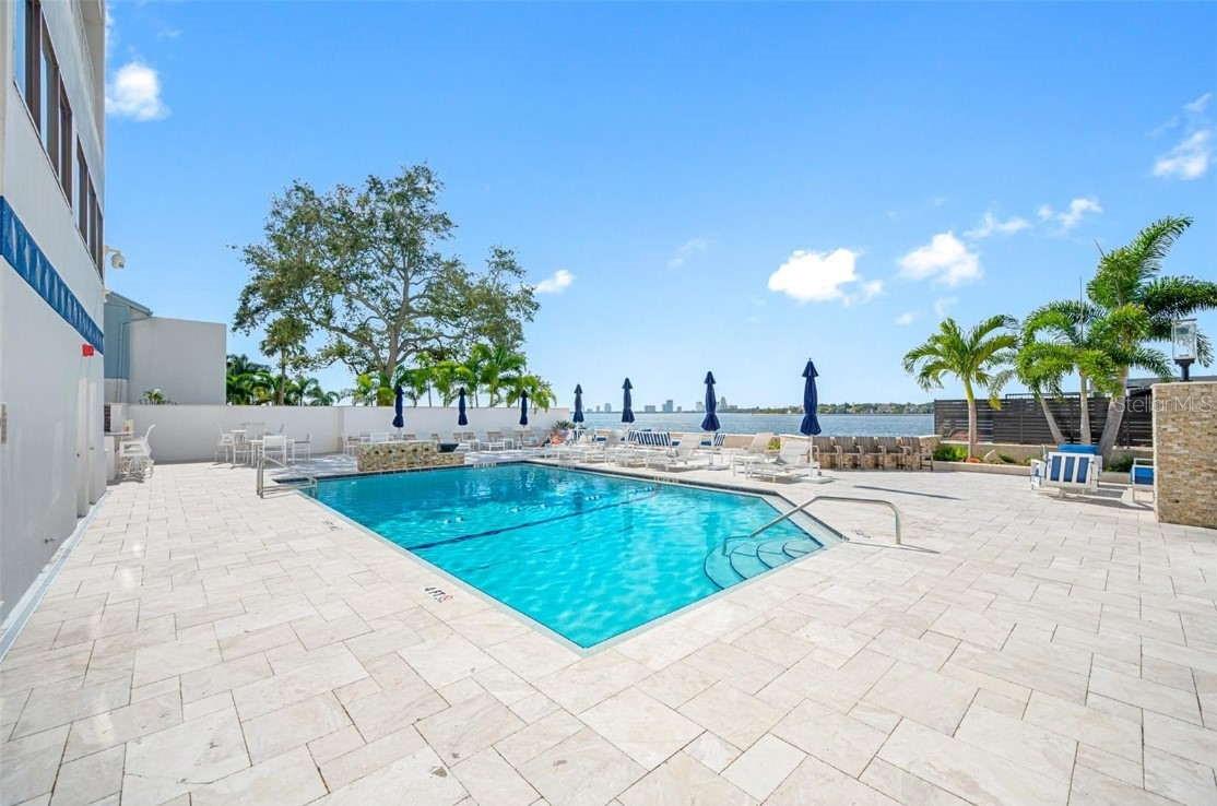 Pool deck with waterfall