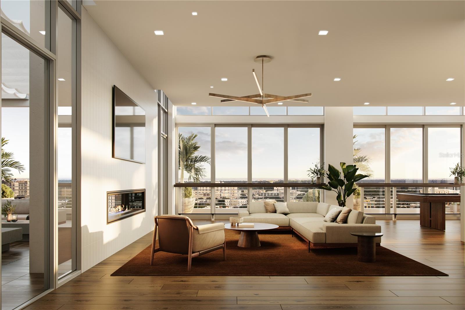 Rooftop Amenities: Community room with see through fire place and 2 walls of glass