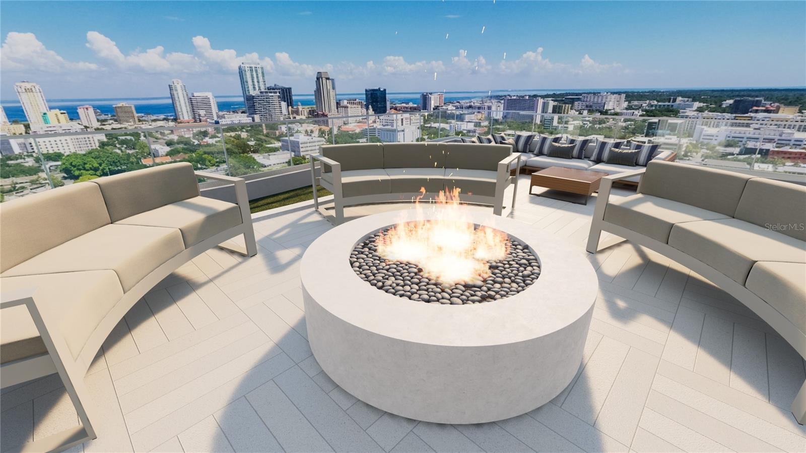 Rooftop Amenities: Firepit in the south eastern corner overlooking Mirror Lake, the city skyline and Tampa Bay