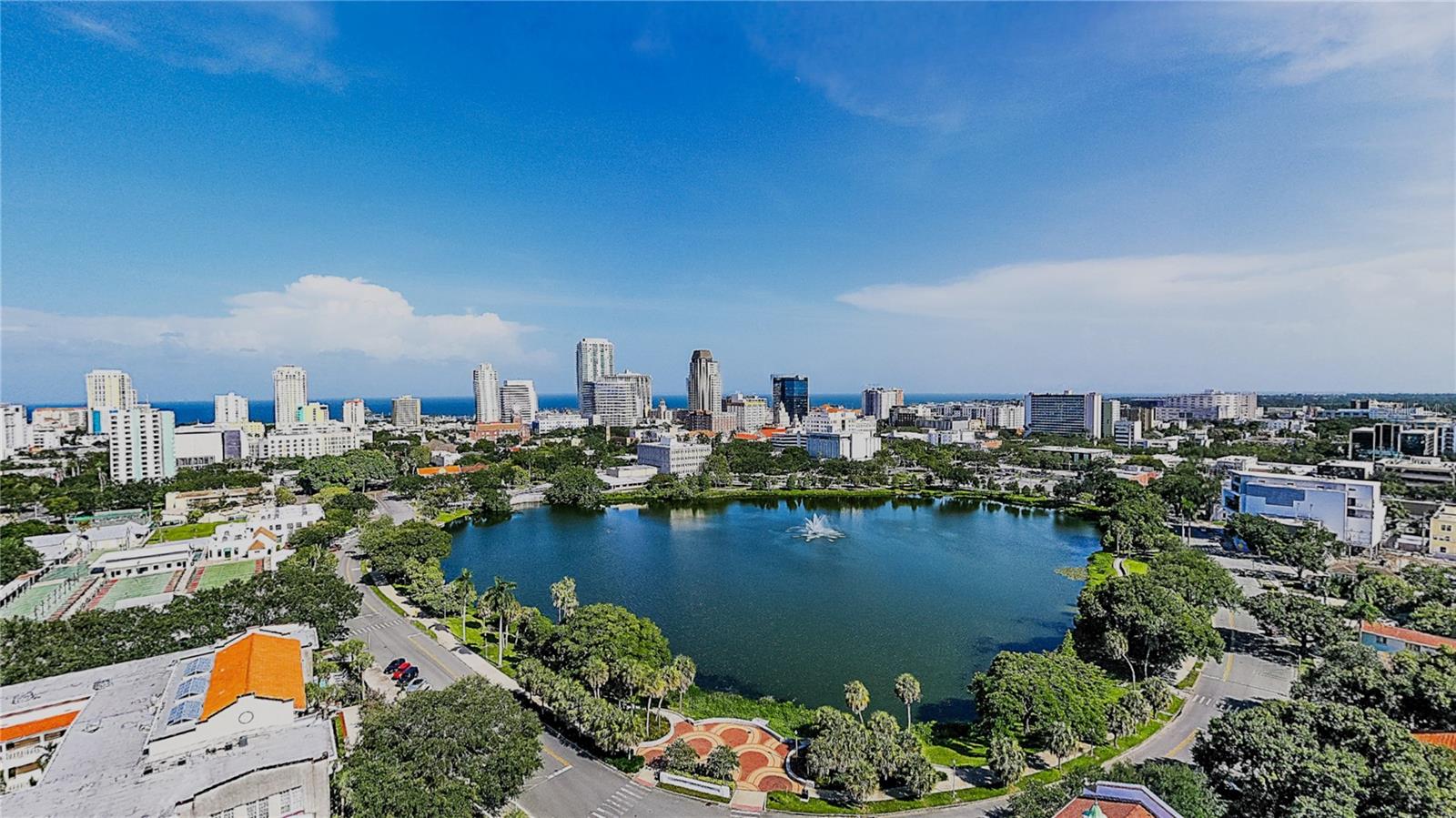 Mirror Lake, the surrounding historic neighborhood and the stunning St Pete skyline