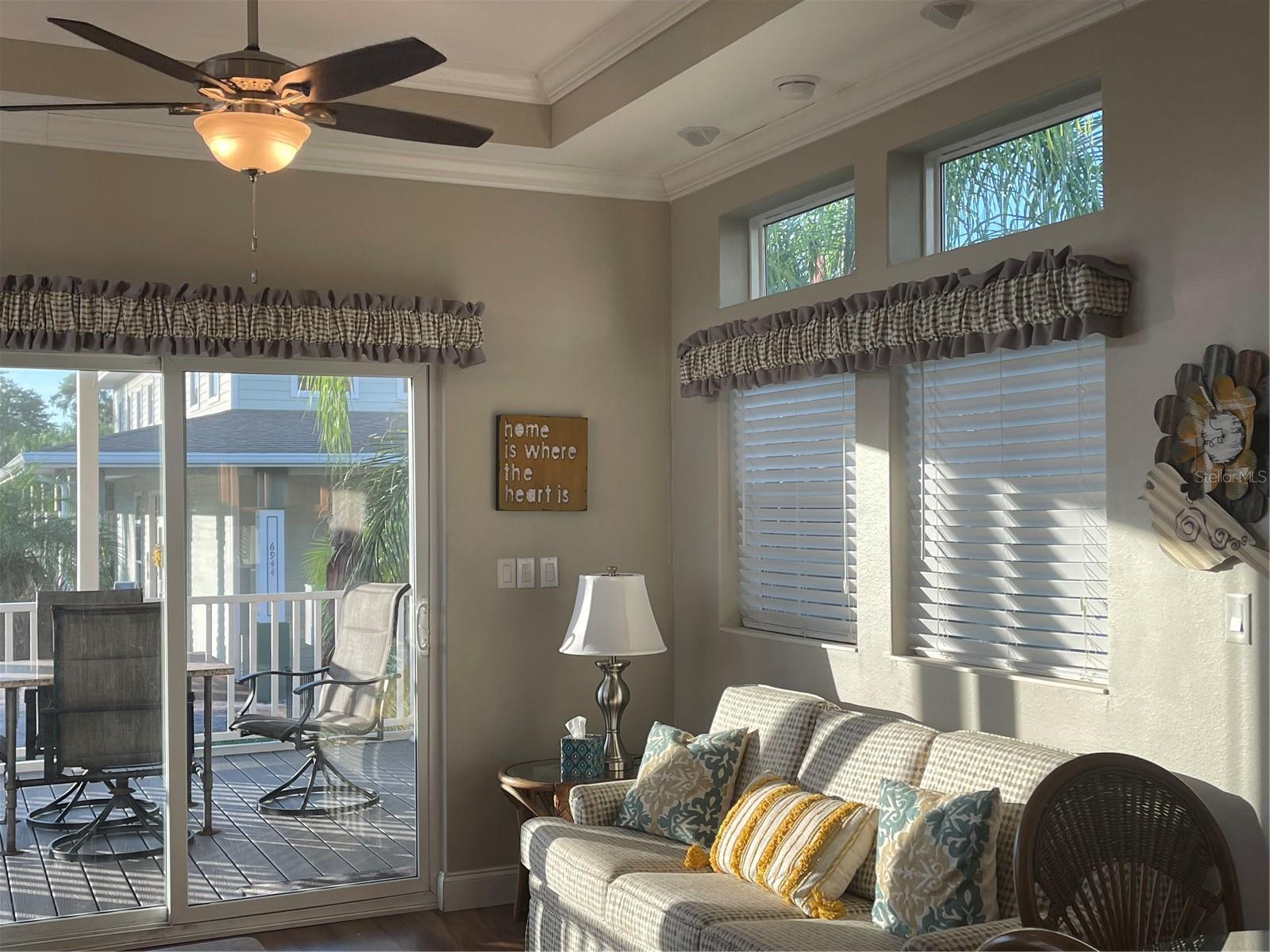 Living room has tray ceiling