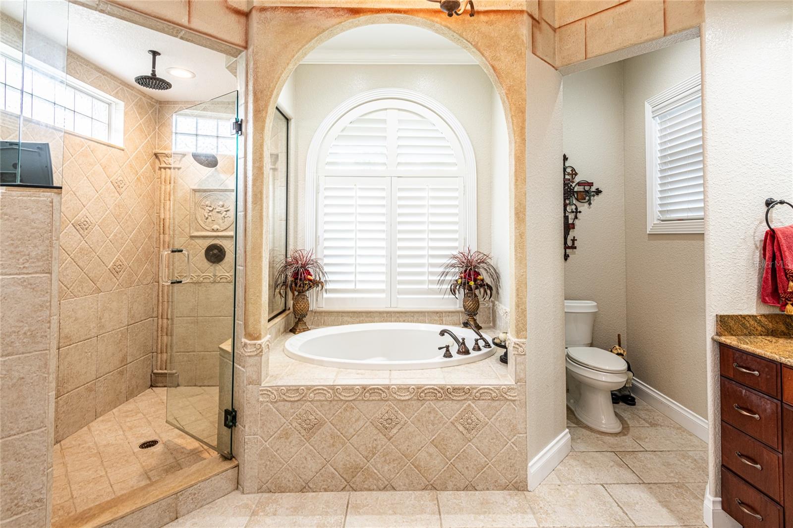 Master bathroom, walk in glass/tile shower with rain head shower, Roman tub