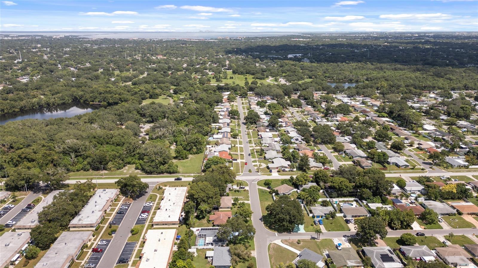 Aerial view looking east with Tampa Bay in the distance