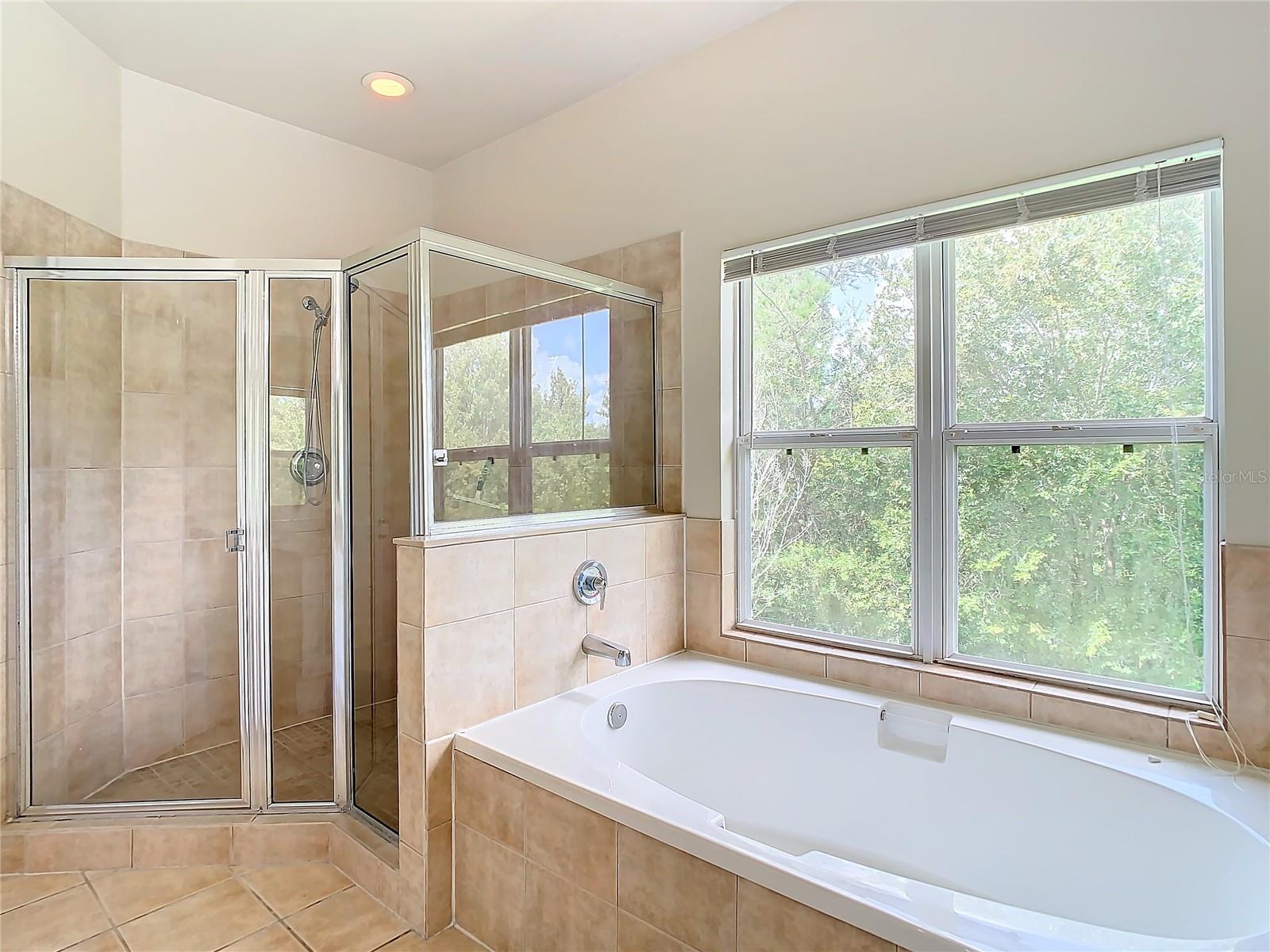 Primary bath w/dual sinks, walk-in shower, garden tub, linen closet, & water closet.