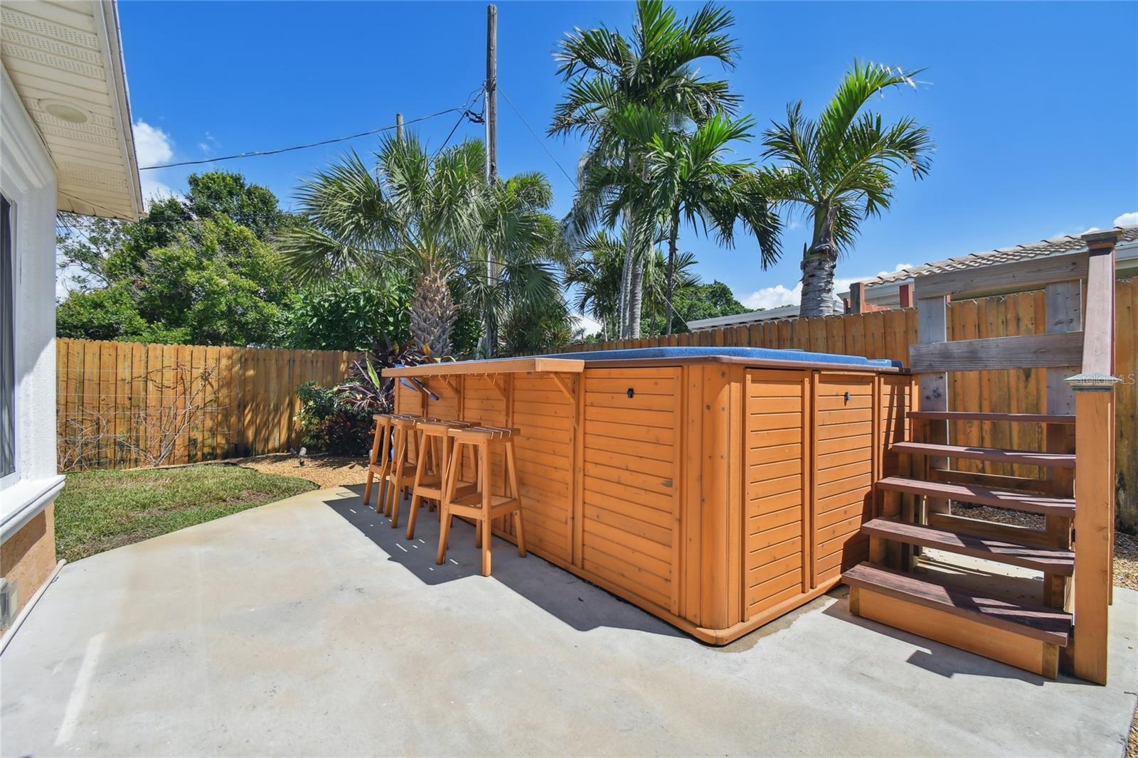 swim spa with ladder for safety entrance/exit.  Bar stools and bar around spa.  You can get a tiki roof if desired.  Steps are being painted tomorrow, we put additional safety back.