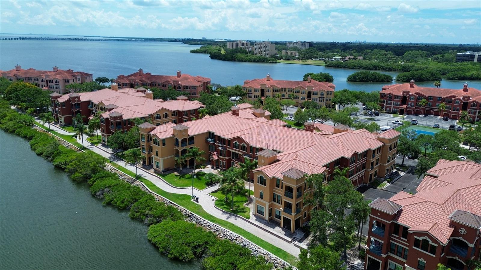 Waterfront community with lighted walking path