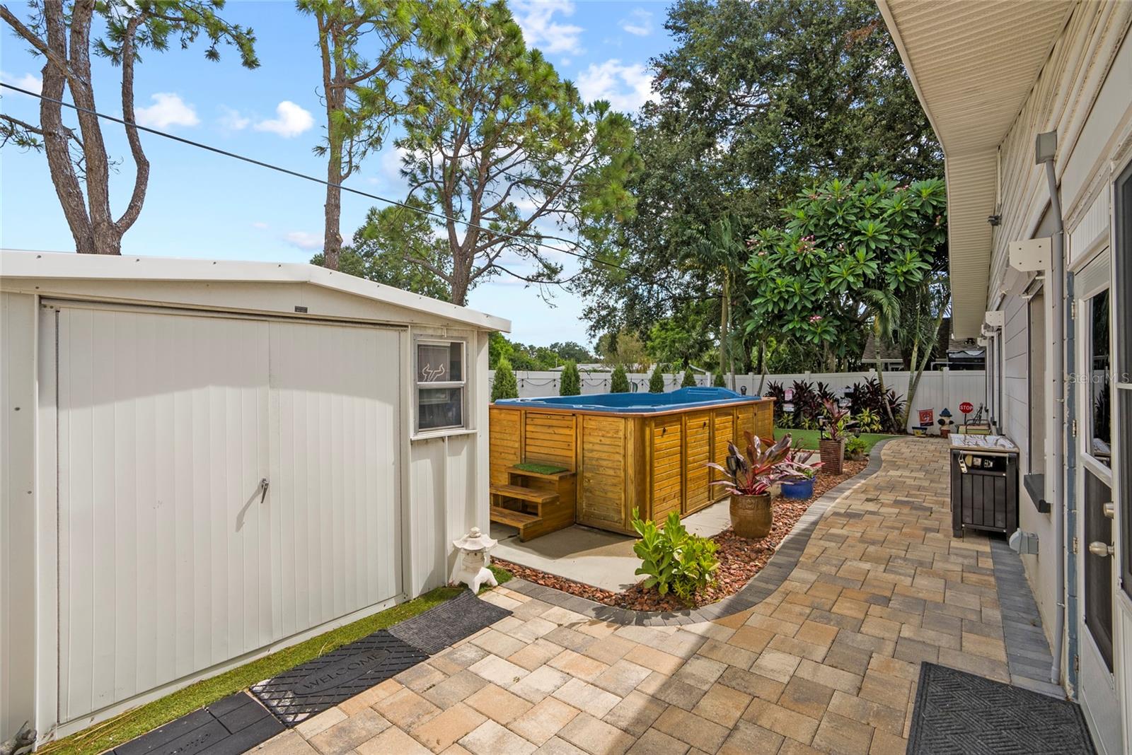 Shed is electrified.  There are a total of 16 outdoor electrical outlets.