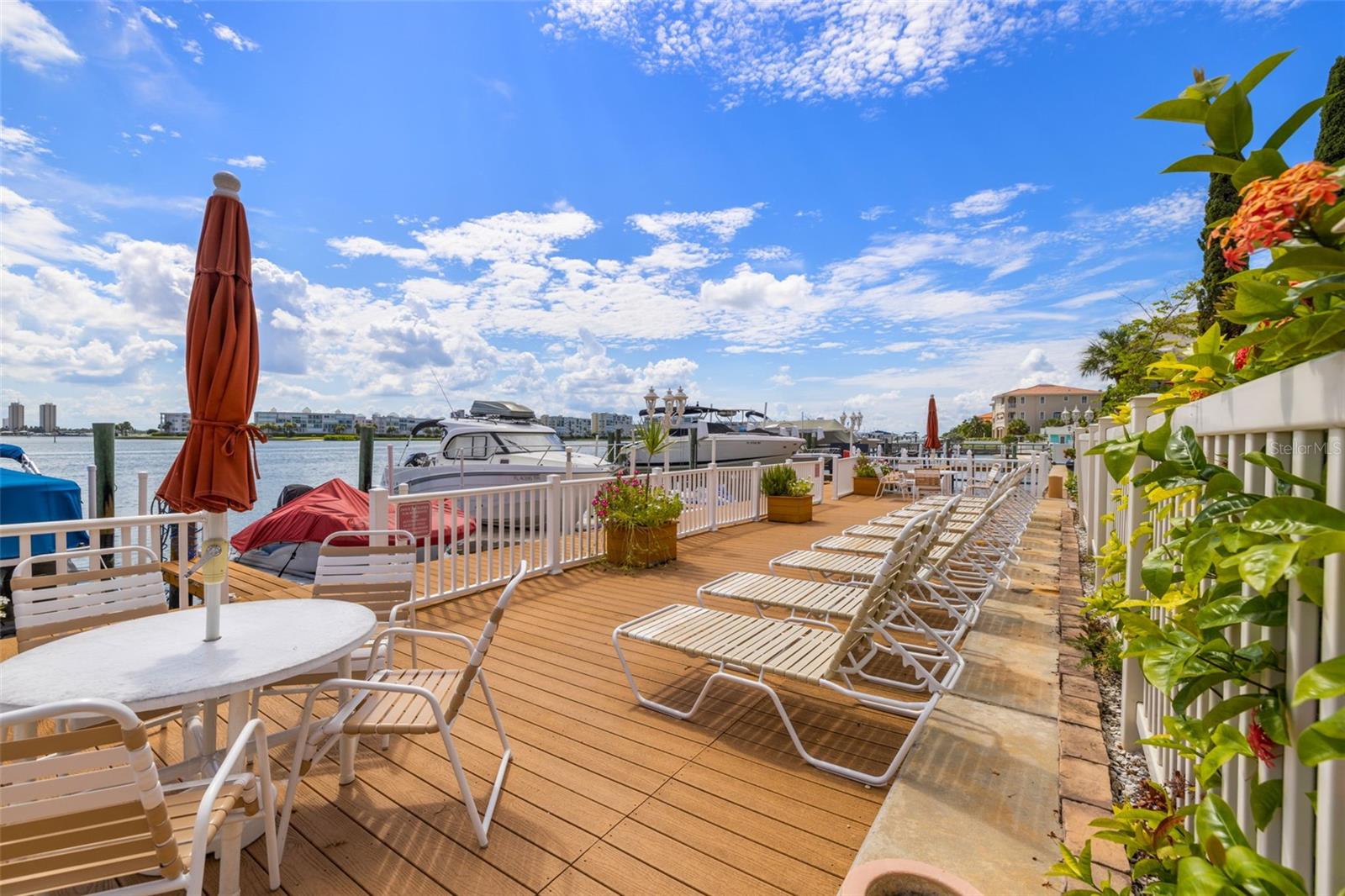 Plenty of seating outside with a view of the water