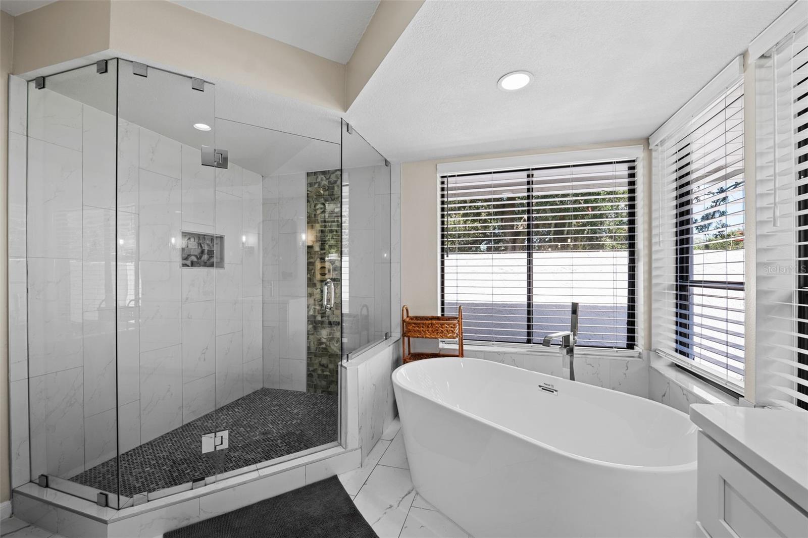 Glass shower and tub in primary bathroom