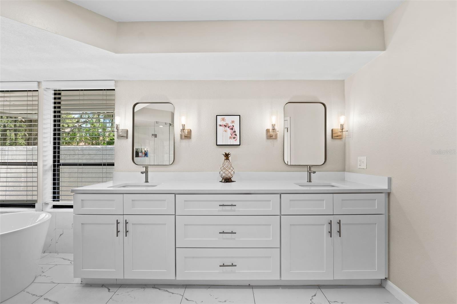 Oversized double sink Vanity in Primary Bathroom